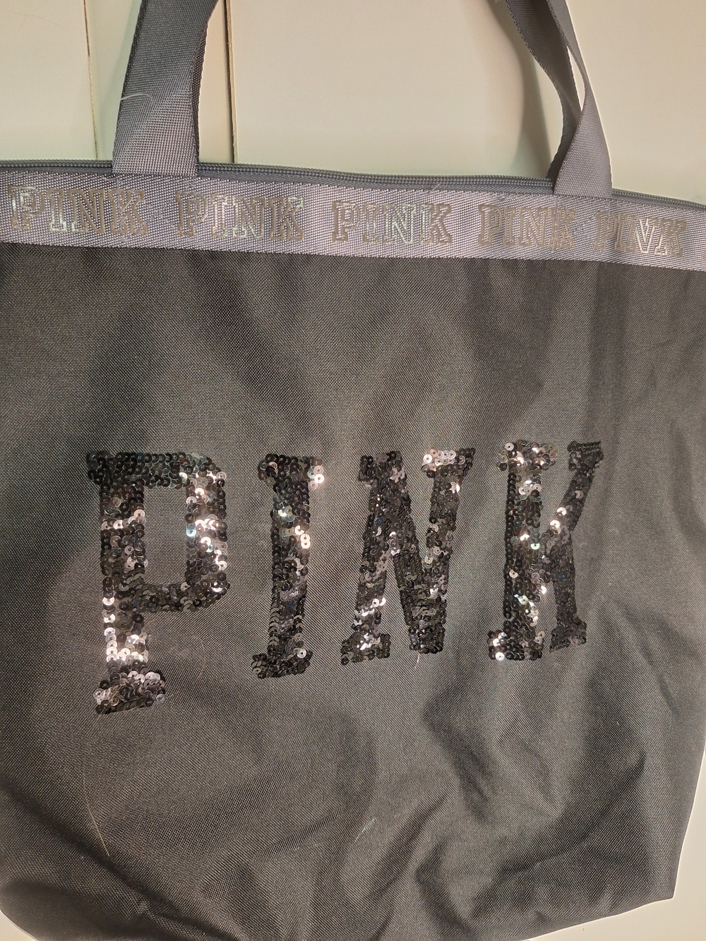 PINK Victoria Secret Vintage Black Sequin Logo Tote  19" X 14"